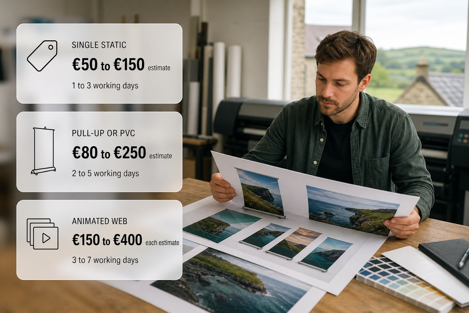 An infographic over a photo of banner artwork production showing typical Irish banner design prices and turnaround times.