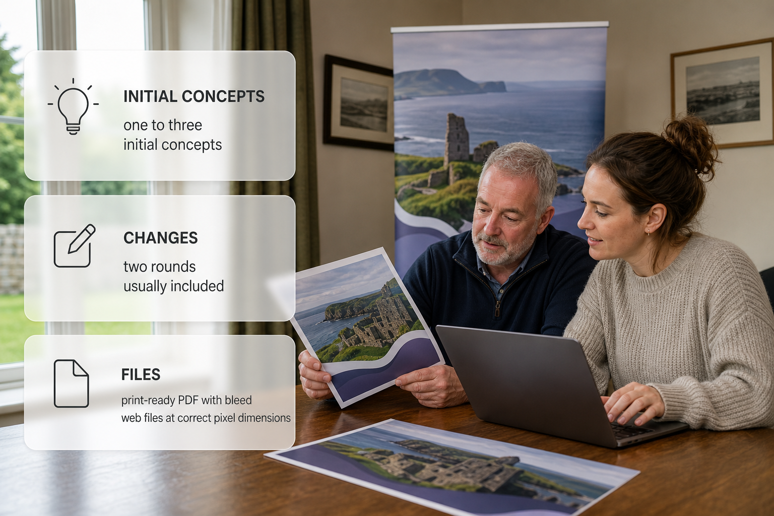 An infographic over a photo of banner proofing in an Irish workspace showing what is normally included in a banner design quote.