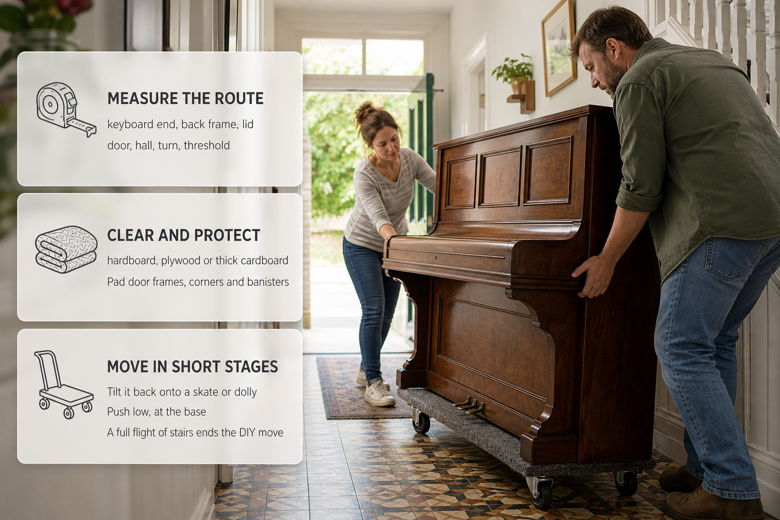 Infographic showing the DIY piano moving method with a small upright on a dolly in an Irish home.