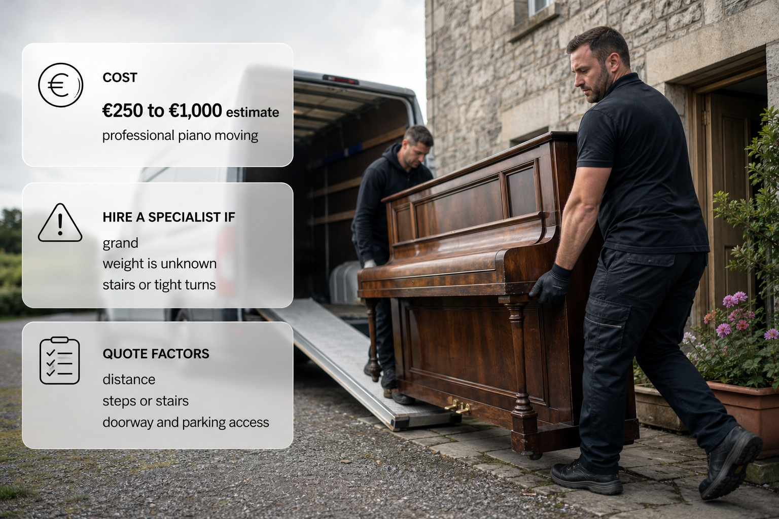 Infographic showing when to hire specialist piano movers and the estimated cost in Ireland.