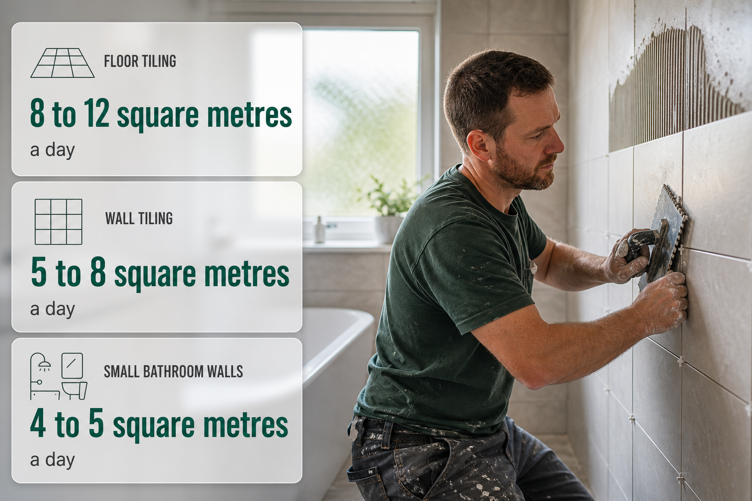 Infographic showing typical wall and floor tiling output per day beside a tiler in an Irish bathroom.