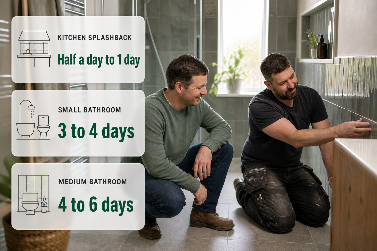 Infographic comparing realistic working days for different Irish tiling jobs in a home setting.