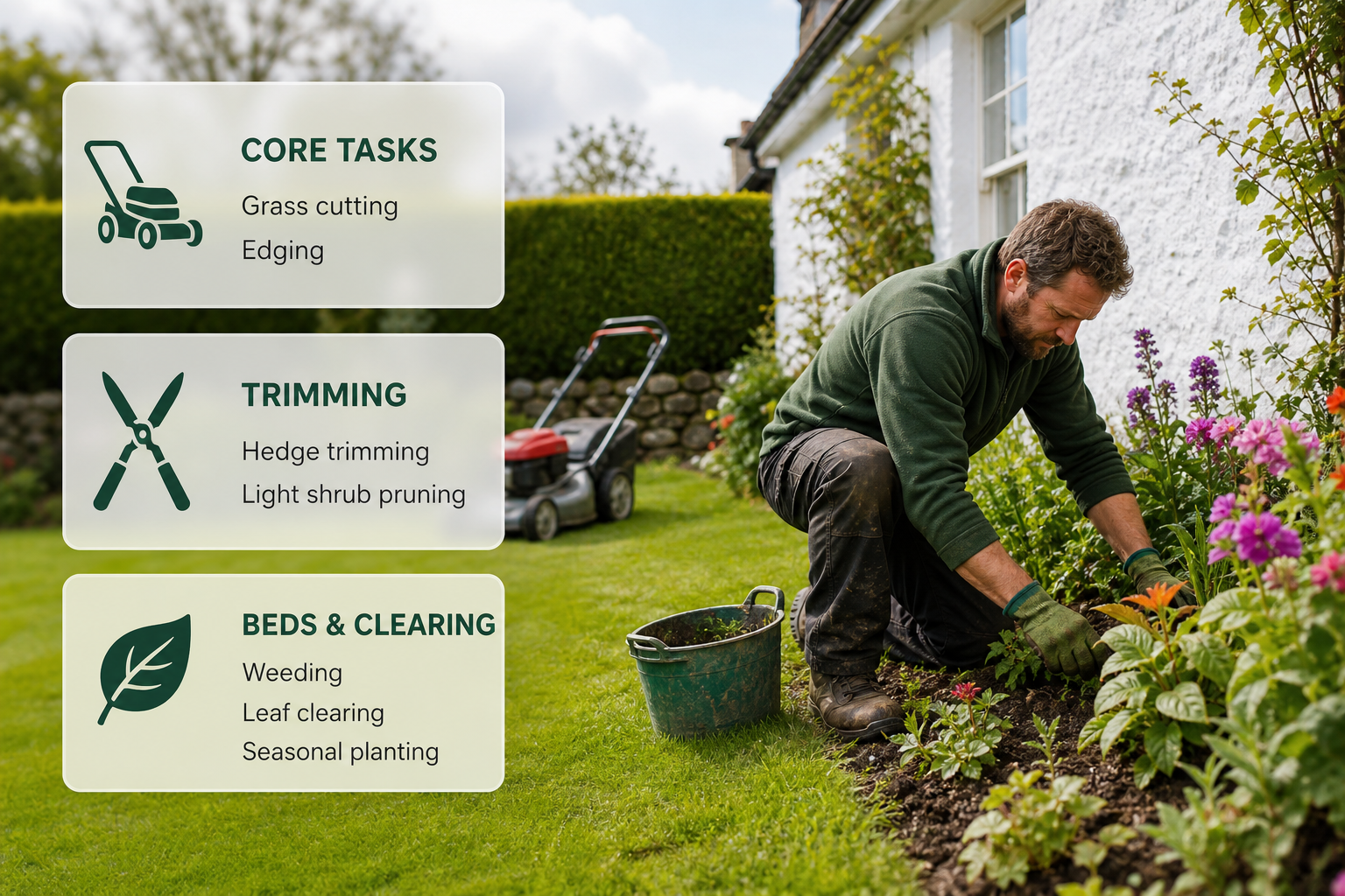 Infographic showing the core tasks in a standard garden maintenance visit in an Irish garden.