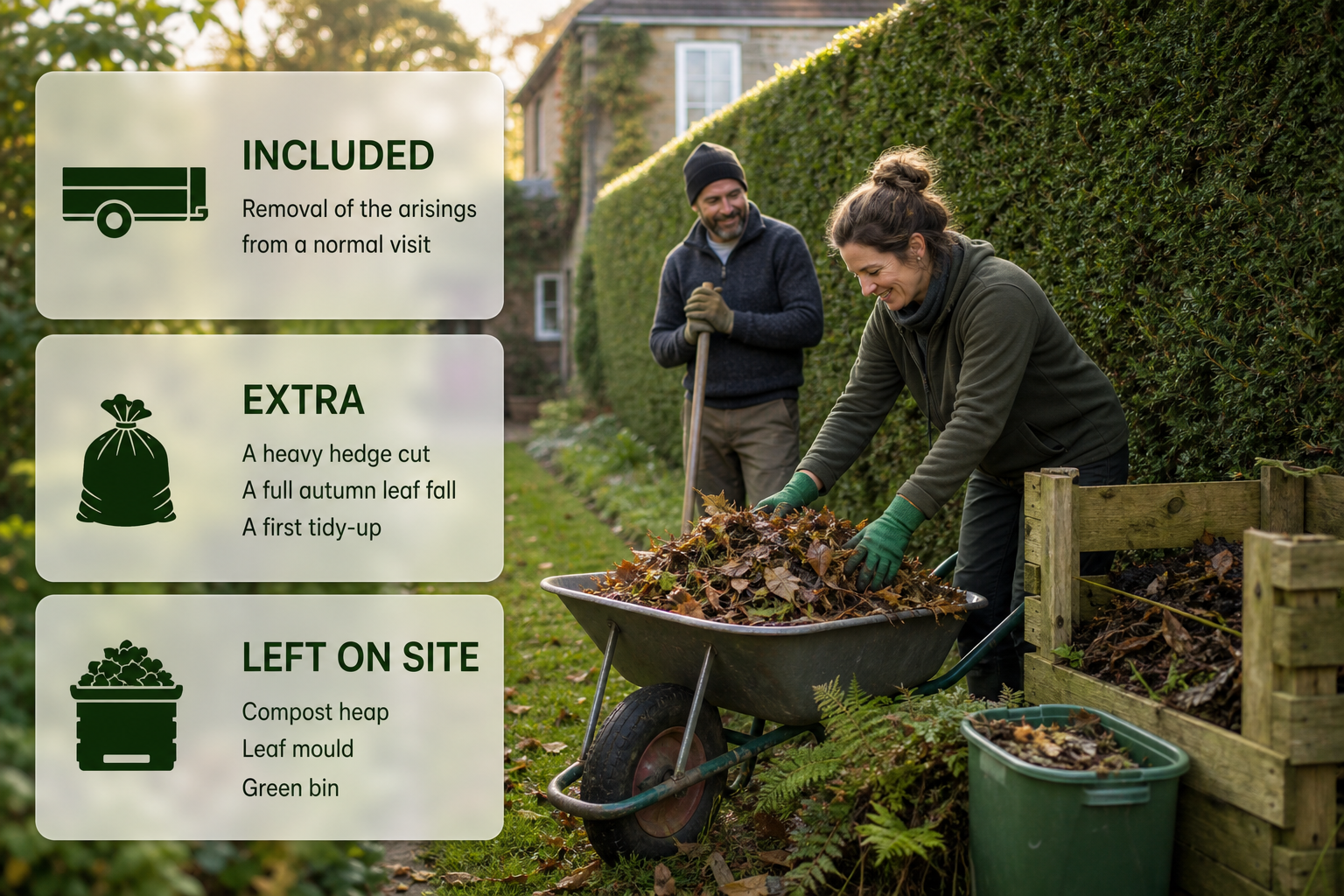 Infographic explaining the main green waste options after garden maintenance in an Irish home garden.