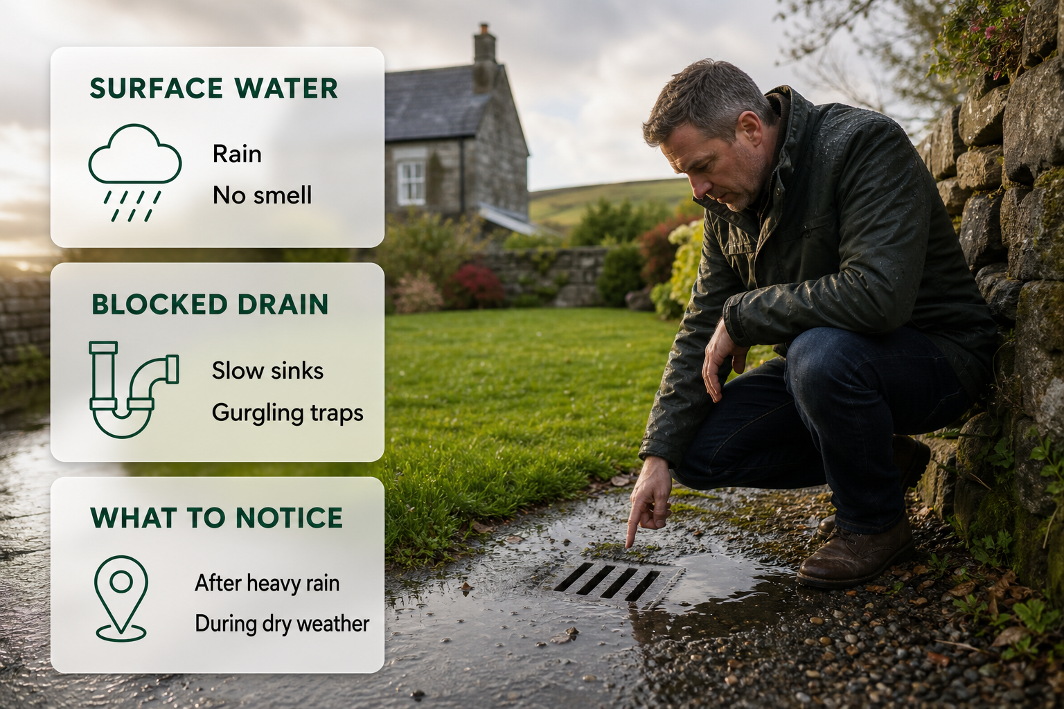An infographic shows a homeowner comparing garden runoff with drain blockage signs in an Irish back garden.