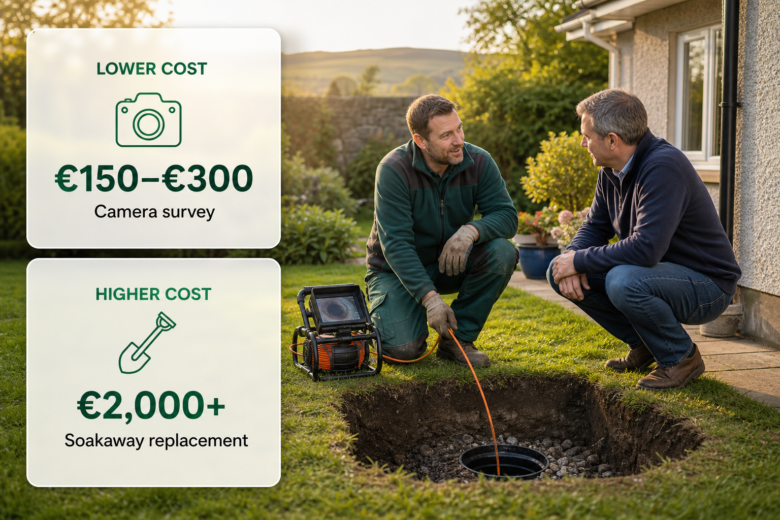 An infographic compares typical drainage work cost bands beside an Irish house and garden trench scene.