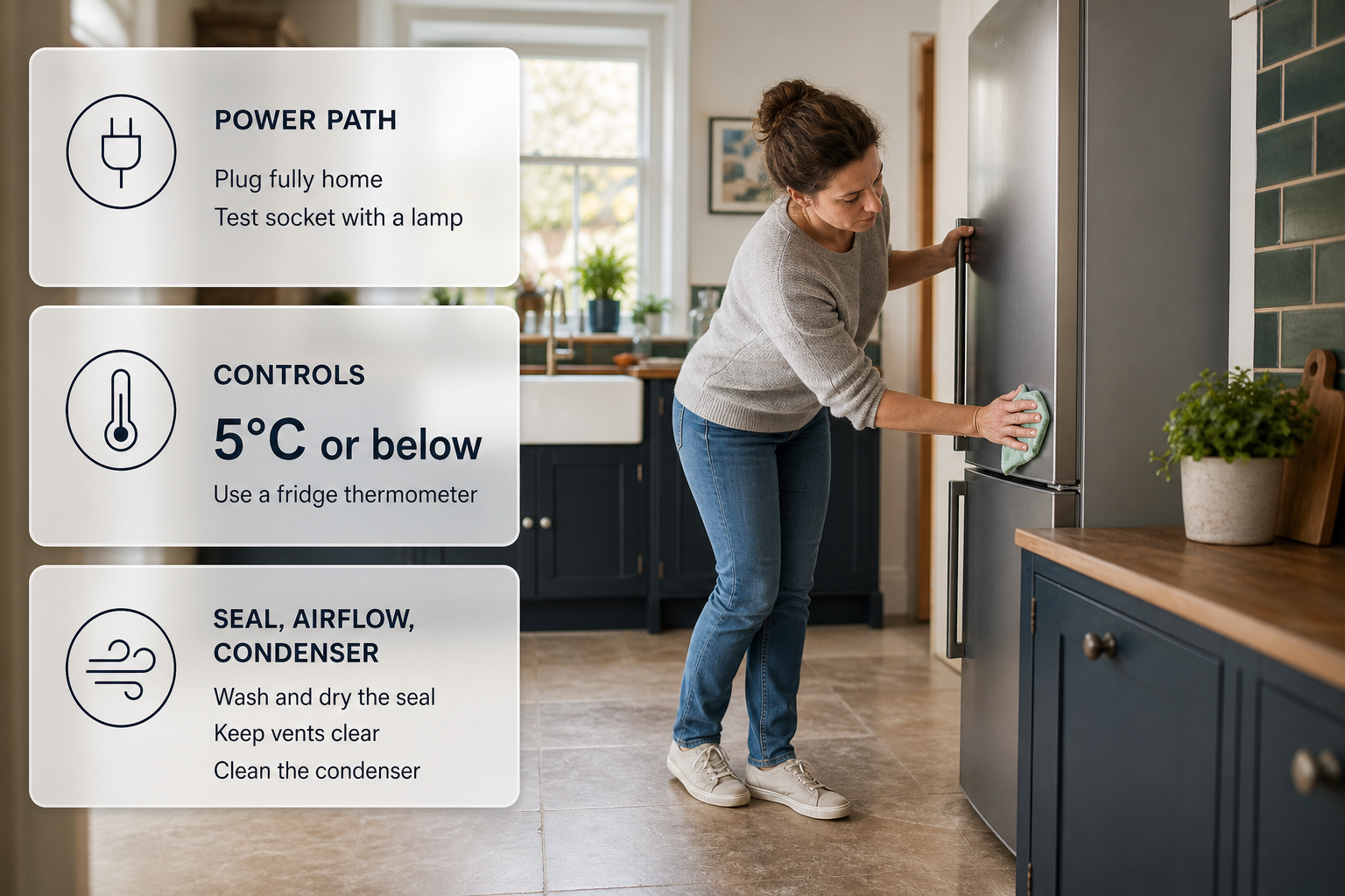 A fridge pulled forward in an Irish home kitchen with overlay cards summarising the safe first checks before repair.