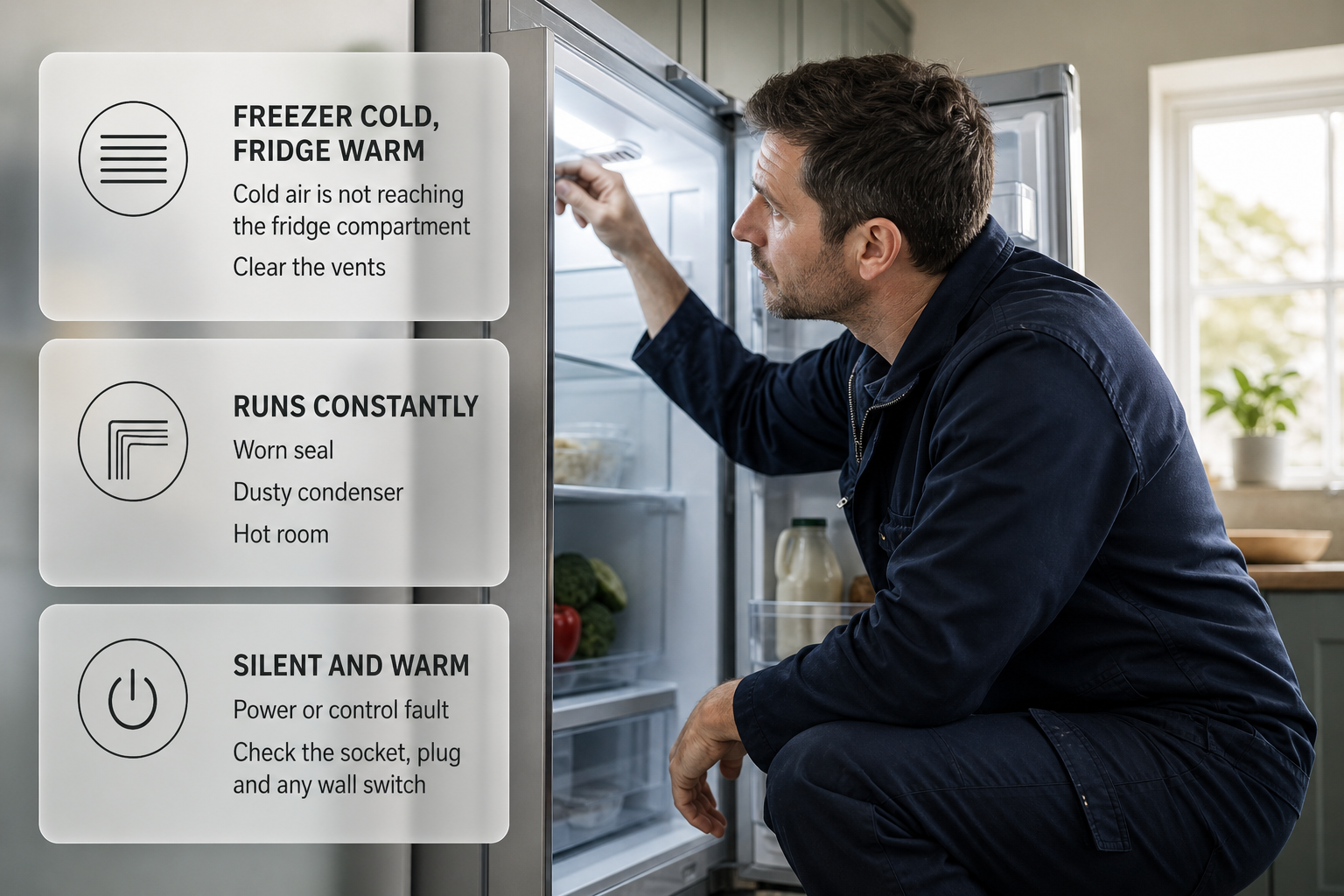 An open fridge freezer in an Irish home with overlay cards explaining common symptom patterns and likely causes.
