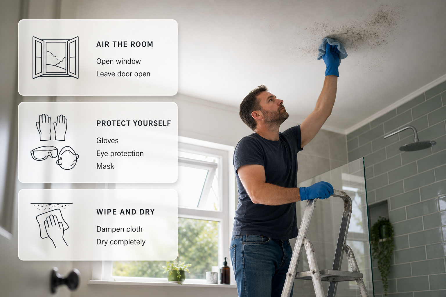 A bathroom ceiling cleaning process shown with layered frosted-glass cards over an Irish bathroom scene.