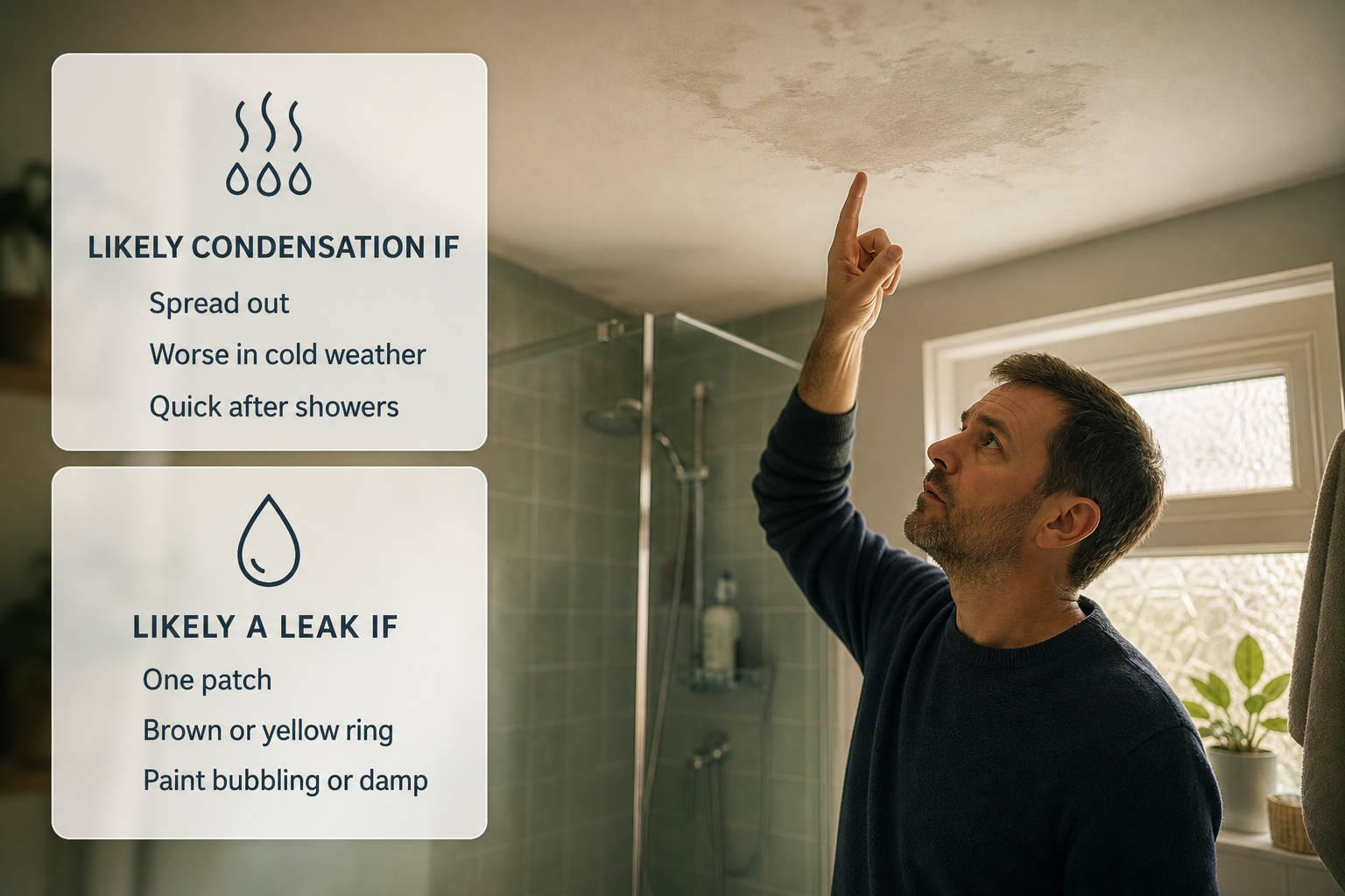 A bathroom ceiling inspection scene in an Irish home explaining whether mould is caused by condensation or a leak.