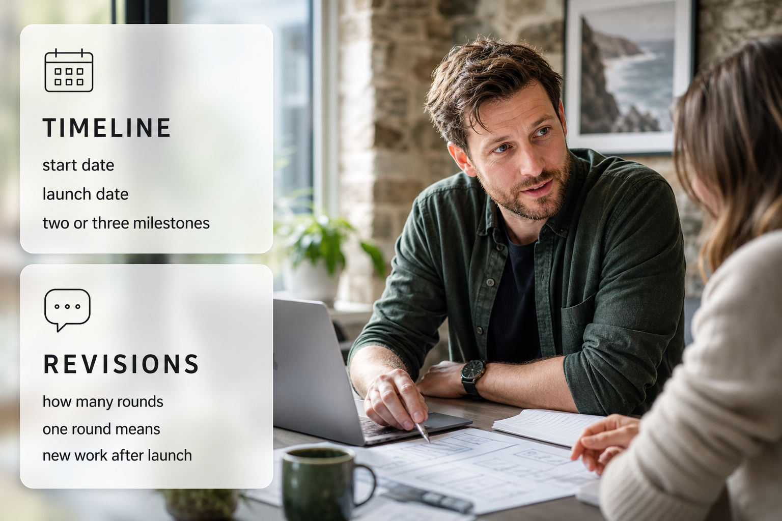 Infographic showing website project timing and revision questions over a photo of an Irish designer planning a launch schedule.