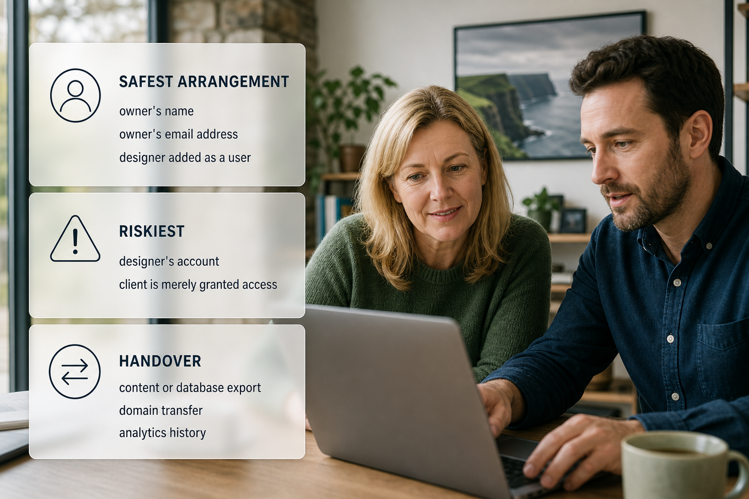 Infographic about account ownership and handover, over a photo of an Irish business owner reviewing website account access.