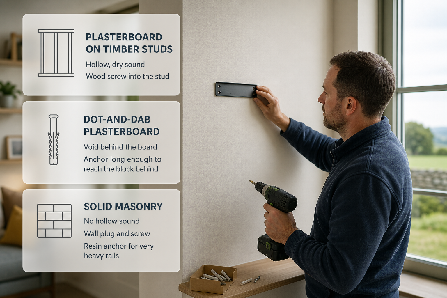 Infographic showing the types of wall behind plaster and the right curtain rail fixings in an Irish home setting.