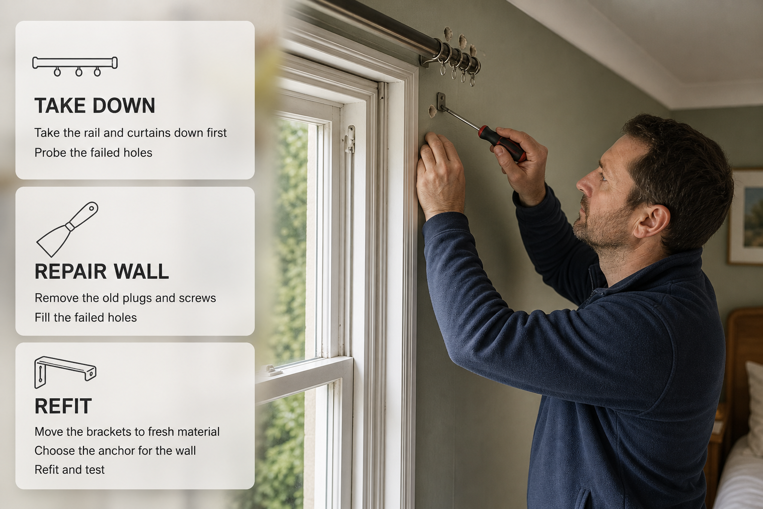 Infographic outlining the main steps to repair a curtain rail properly in an Irish home.