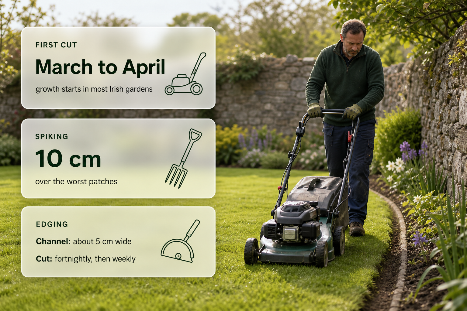 Infographic image showing first spring lawn care steps in an Irish garden, including first cut, moss control and edging.