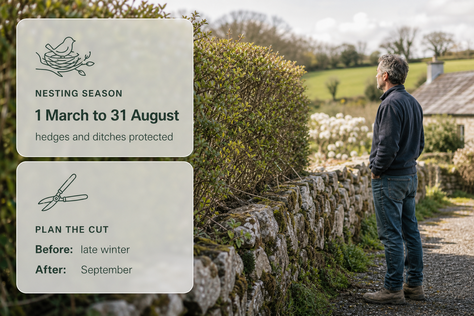 Infographic image explaining Irish hedge-cutting restrictions during nesting season in a rural garden setting.