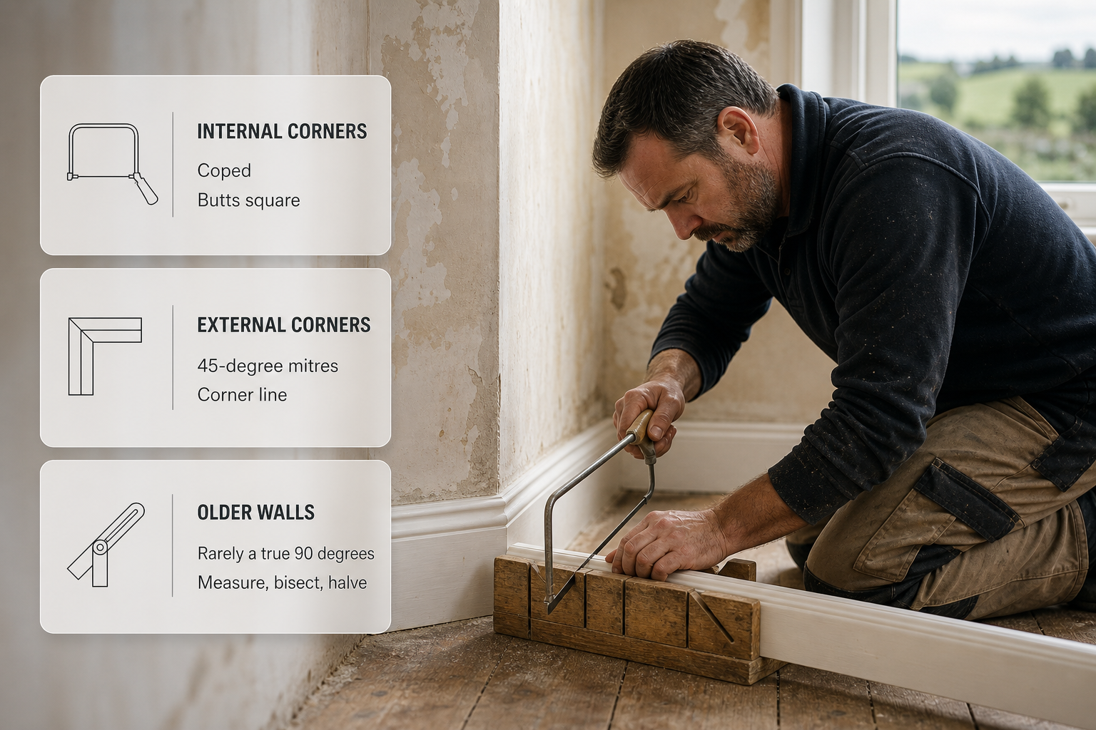 Infographic showing how internal and external skirting corners are cut and joined in an Irish home.