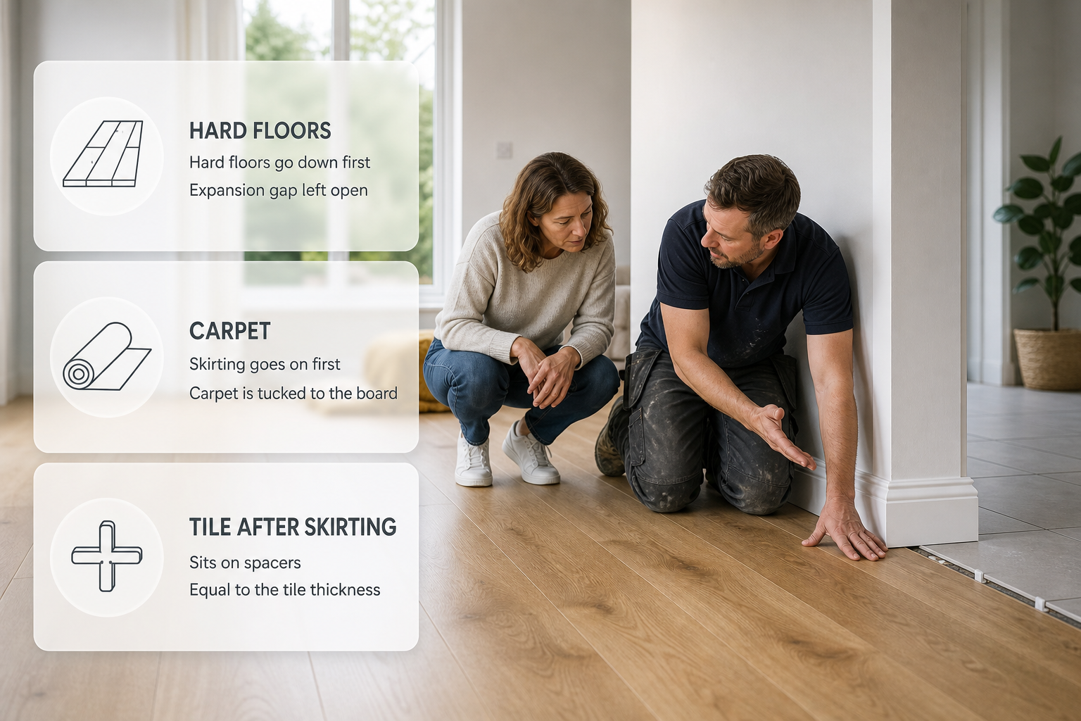 Infographic comparing when skirting boards are fitted with hard floors, carpet and tiles in an Irish home.