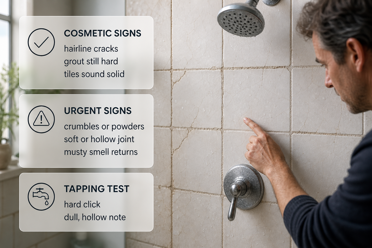 Infographic showing cosmetic versus urgent signs of cracked shower grout in an Irish bathroom.