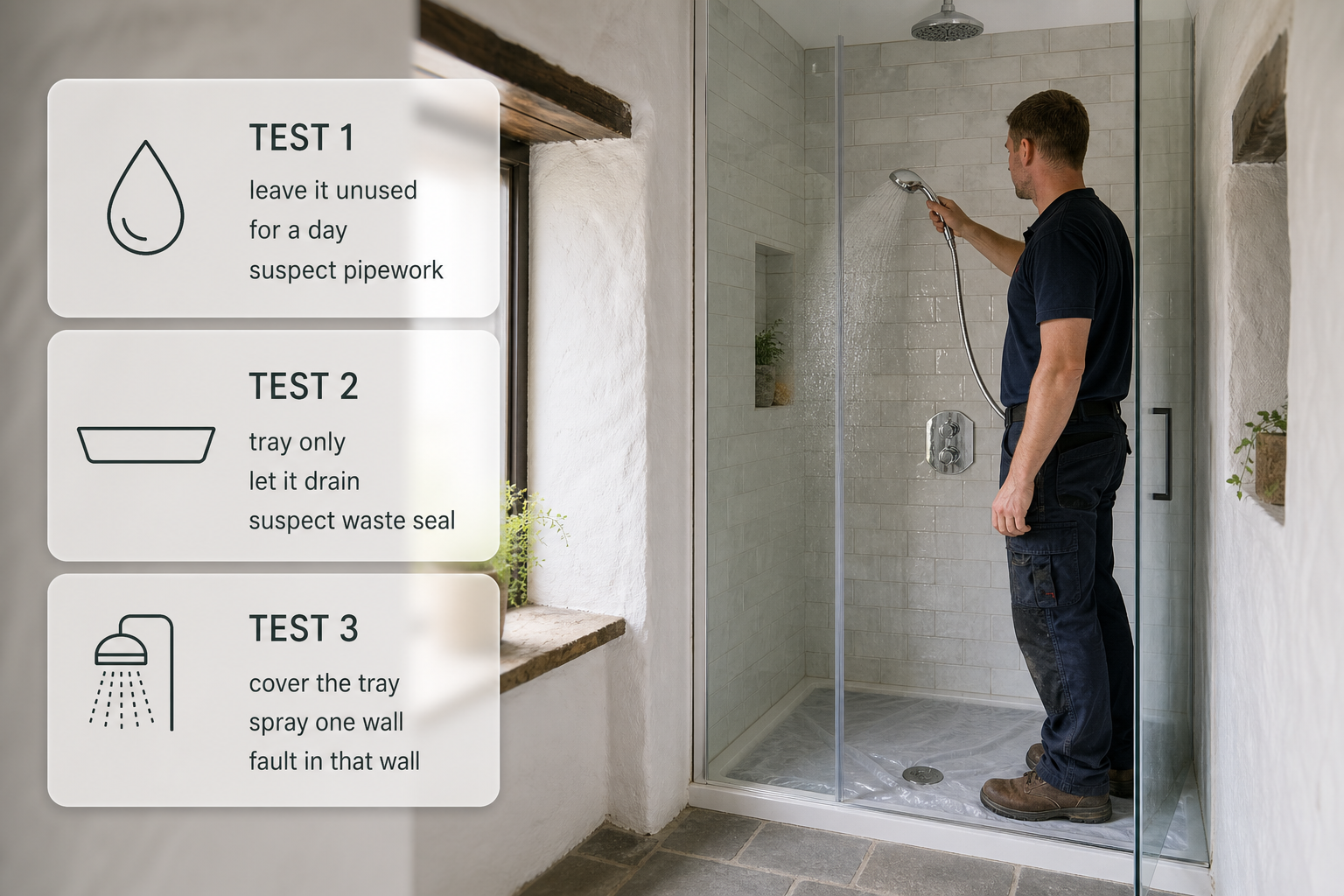 Infographic explaining drying tests to tell cracked grout failure from a plumbing leak in a shower.
