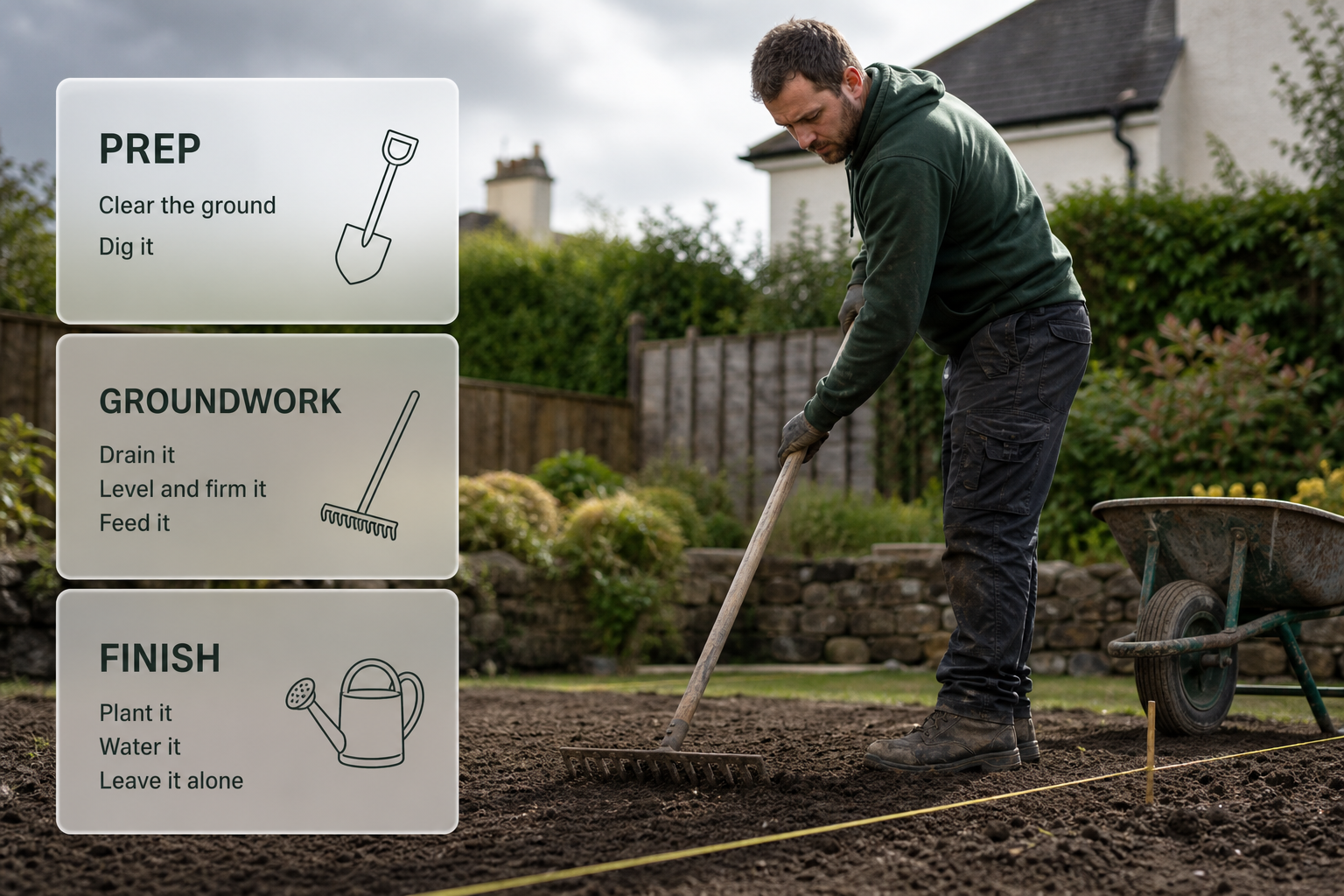 Infographic showing the lawn-laying method step by step over a photo of garden preparation at an Irish home.