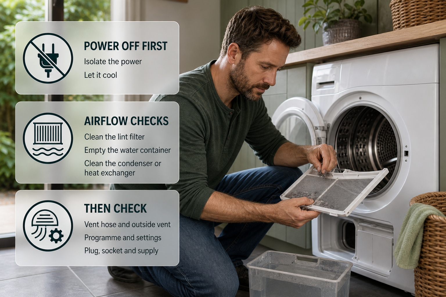 Infographic showing the step-by-step safe checks for a tumble dryer that runs cold in an Irish home.