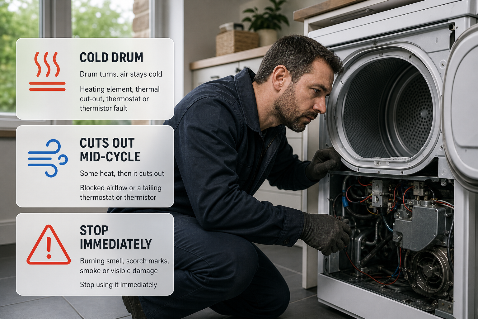 Infographic summarising common tumble dryer symptoms and what they usually point to, set in an Irish home laundry space.