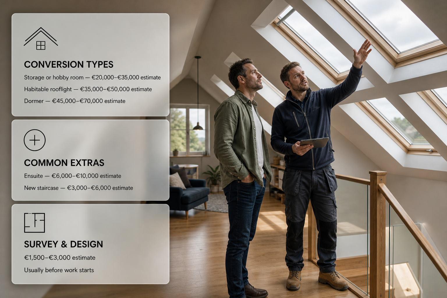 An Irish attic conversion scene with frosted cards summarising the main conversion types and extra costs.
