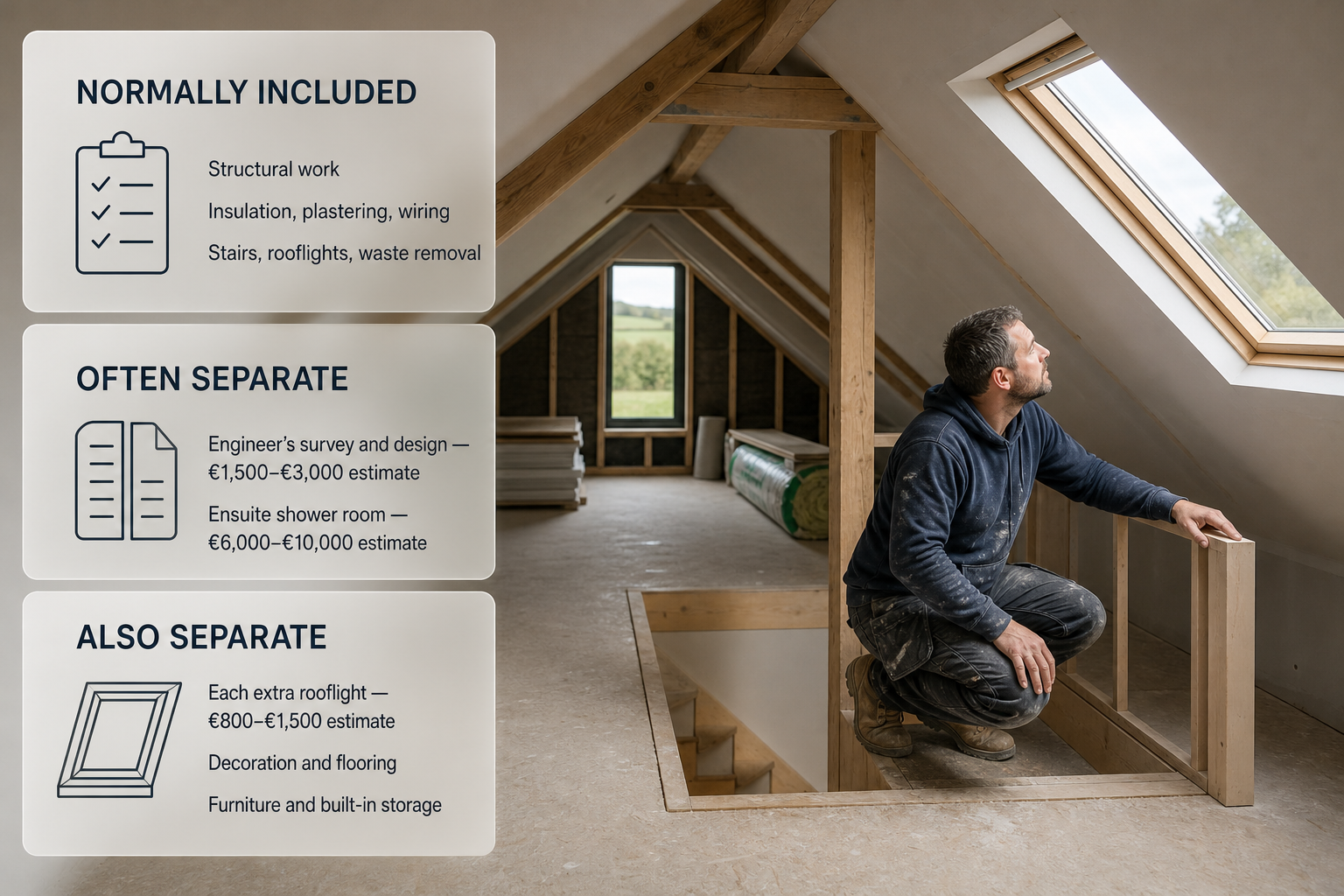 A builder in an Irish attic conversion with frosted cards showing what is included in a quote and what is often separate.