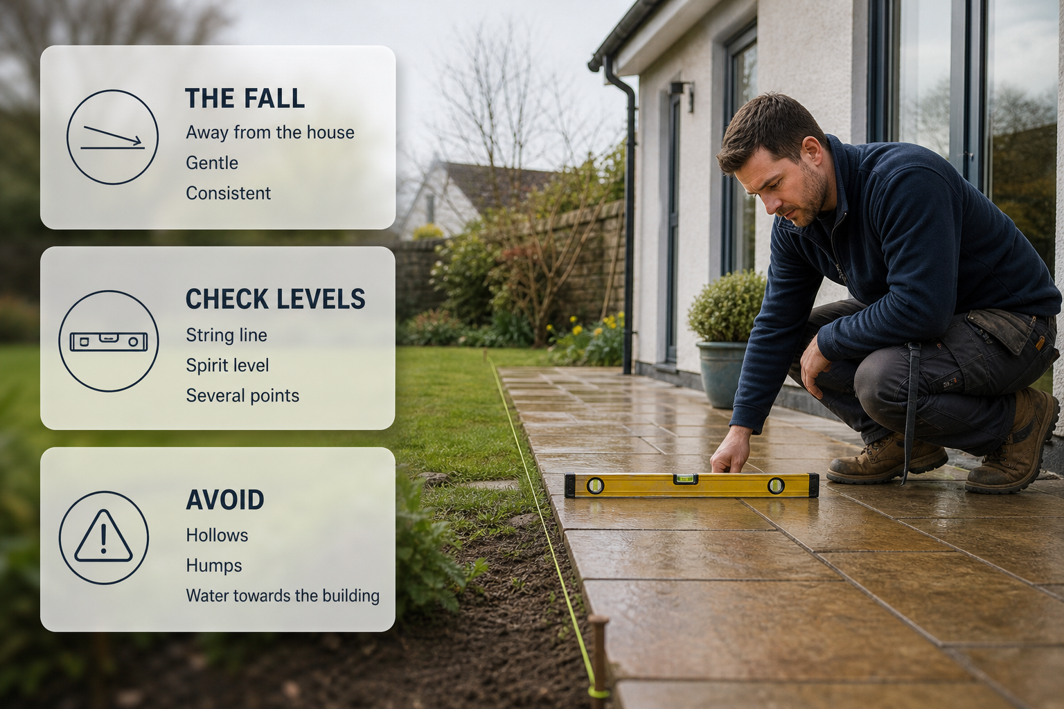 Infographic showing how to set paving levels and a fall away from a house in an Irish garden.