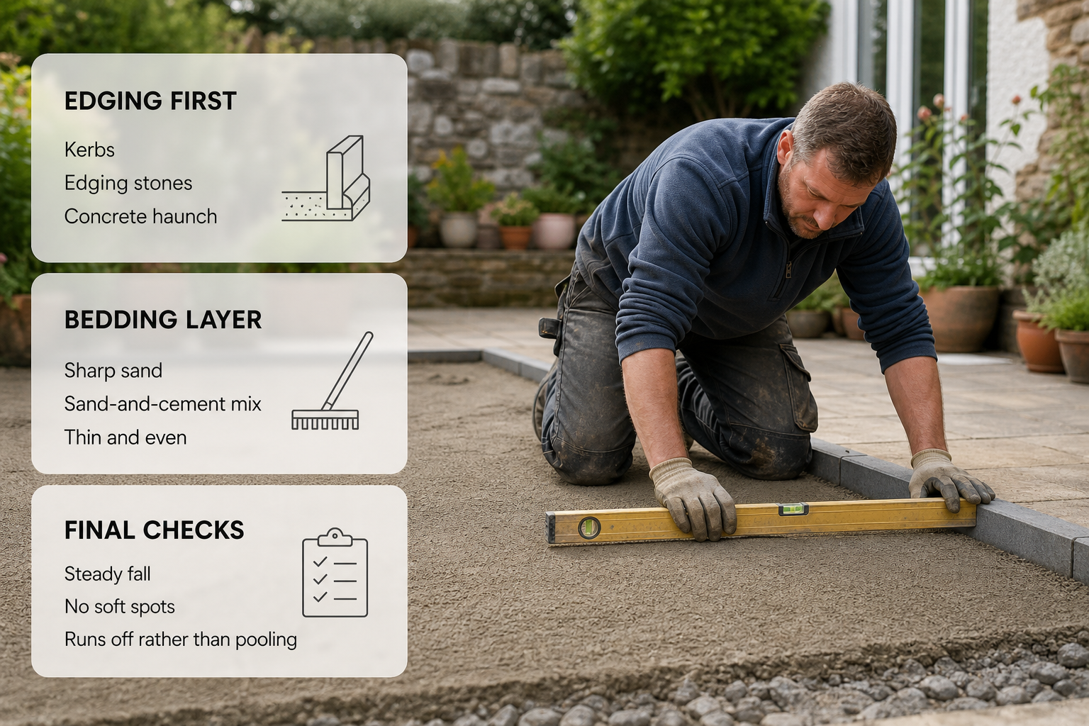 Infographic showing edging, bedding and final checks before paving in an Irish garden project.