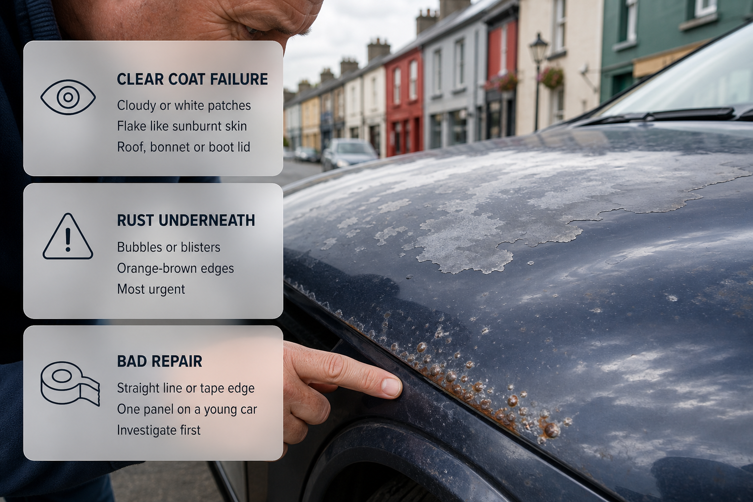 Infographic showing a peeling car panel in Ireland with cards explaining visible signs and what they usually mean.