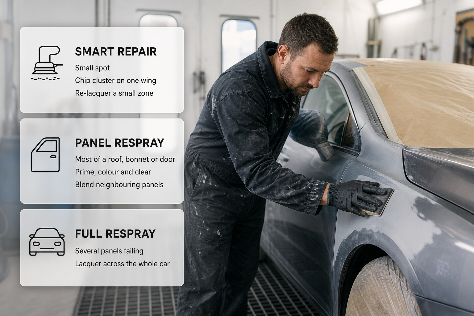 Infographic showing car paint repair work in Ireland with cards outlining the main repair routes for peeling paint.