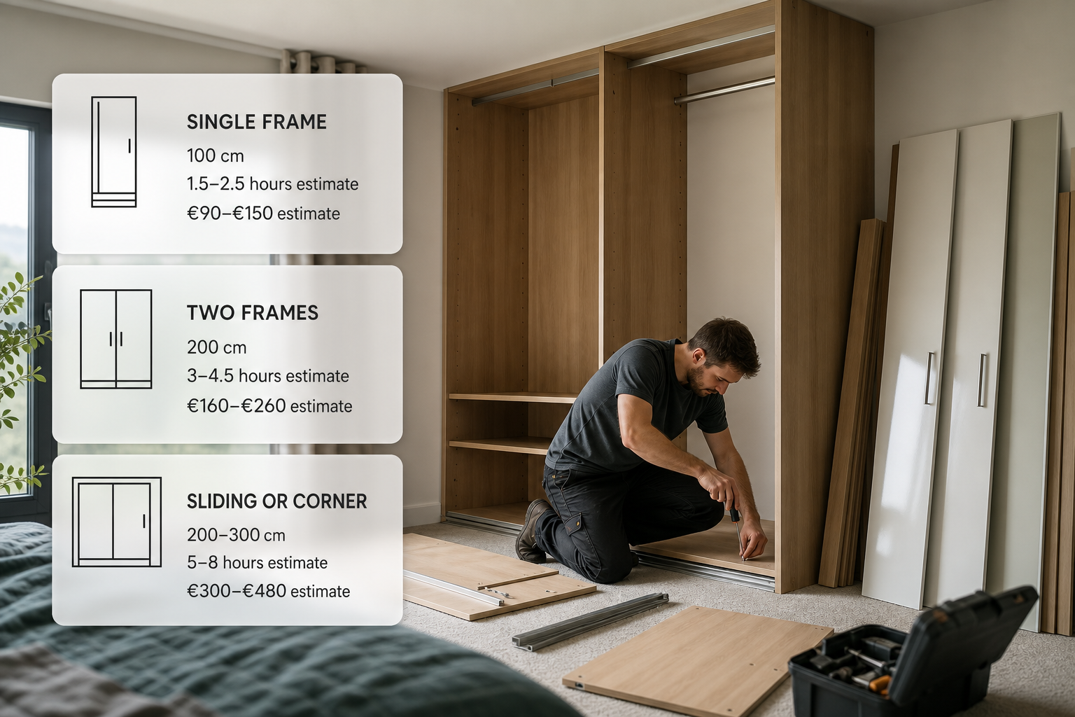 Infographic showing typical IKEA PAX assembly times and price ranges by wardrobe size and complexity in Ireland.