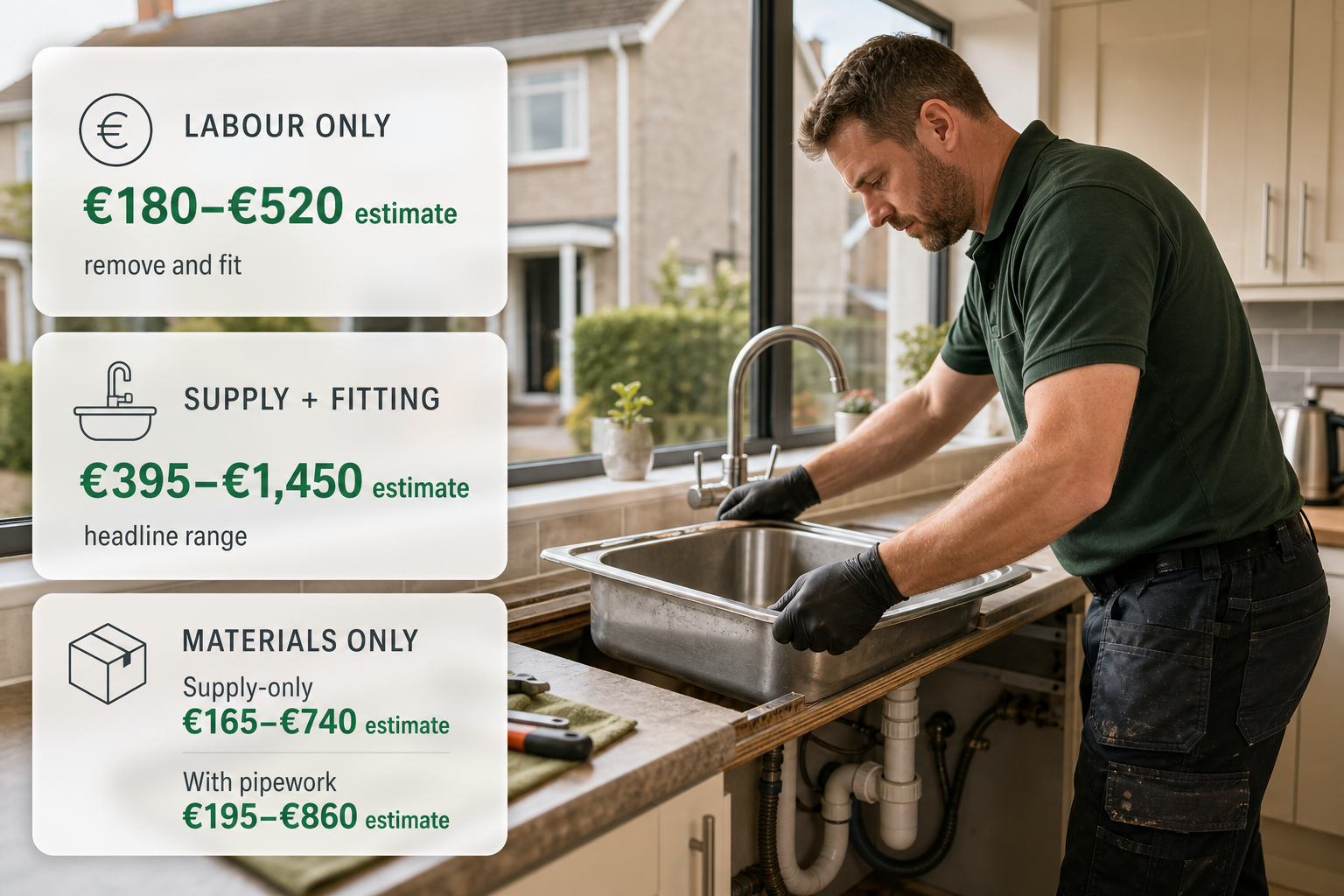 Irish kitchen sink replacement cost breakdown shown over a photo of a plumber working at a sink.