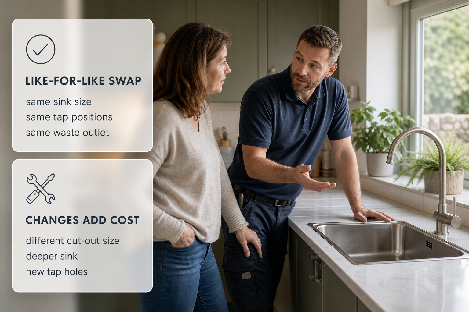 Comparison of a simple sink swap and cost-raising changes over an Irish kitchen sink installation photo.
