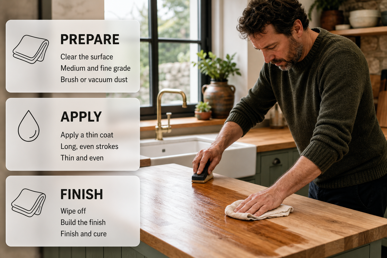 An Irish kitchen worktop being sanded and oiled with overlay cards showing the preparation and application steps.
