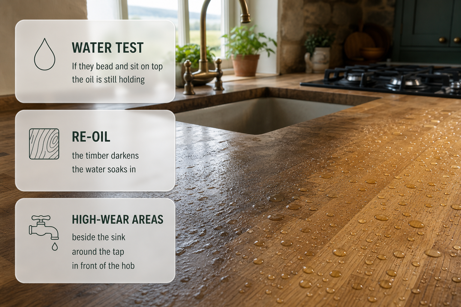 Water droplets on a wooden worktop in an Irish kitchen with cards explaining the water test and re-oiling signs.