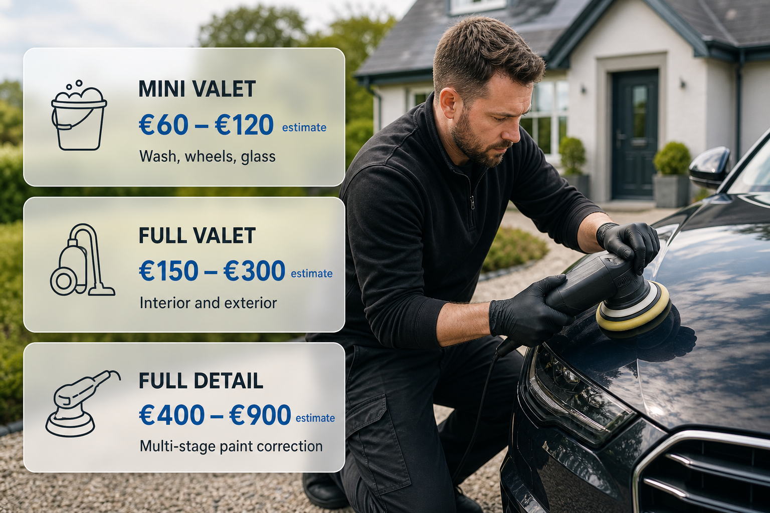 Infographic showing typical valeting and detailing price ranges over a photo of a car detailer working in an Irish setting.