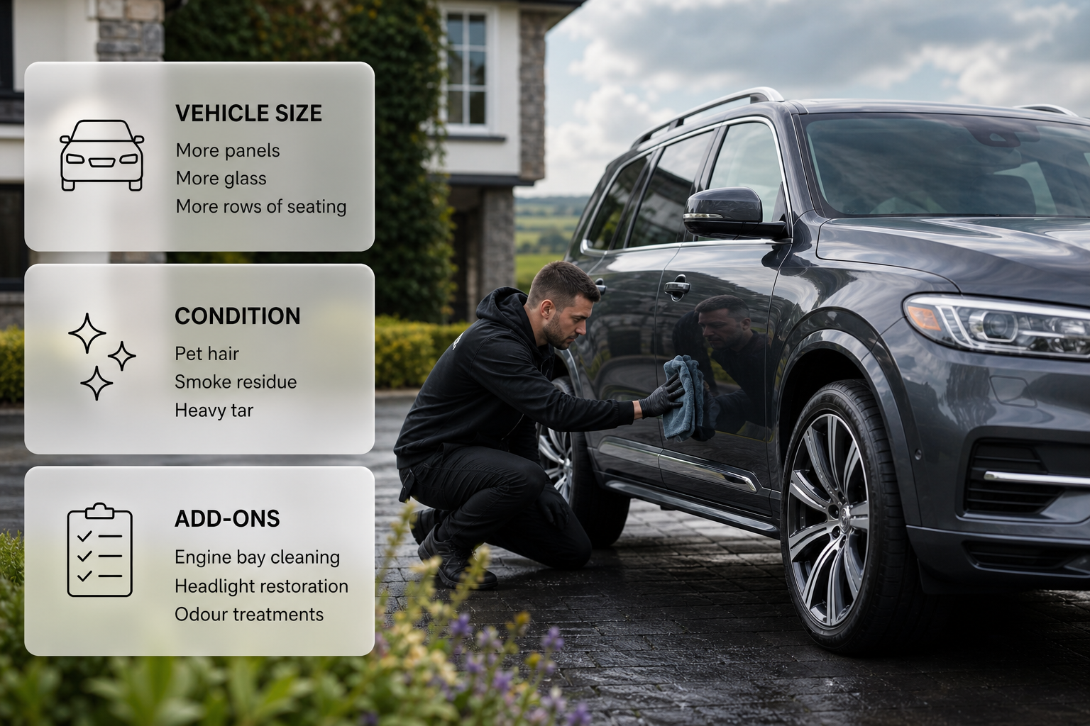 Infographic showing the main factors that move car detailing prices, over a photo of a larger family car being cleaned at an Irish home.