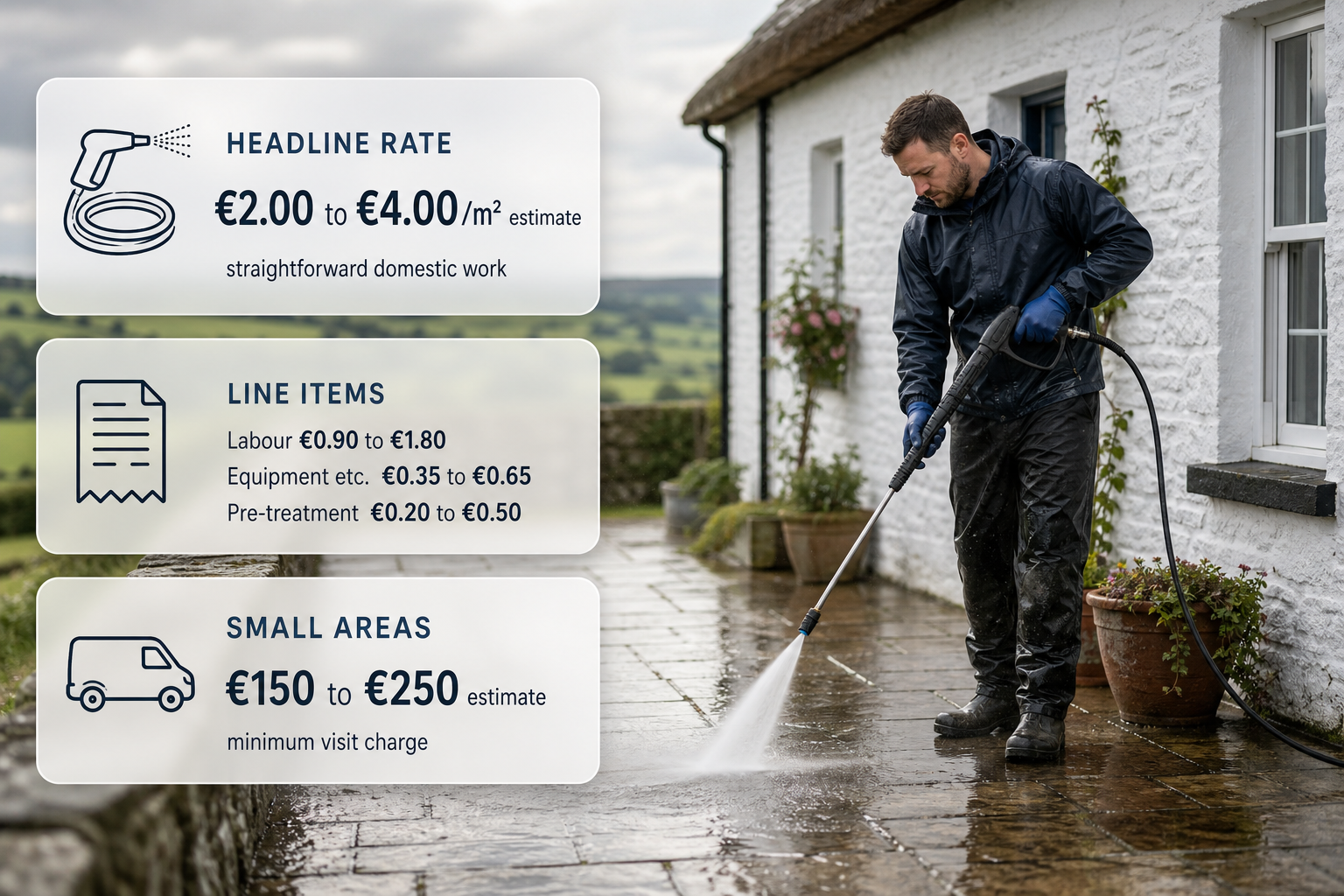 Infographic showing the main line items that make up pressure washing costs per square metre for Irish domestic jobs.