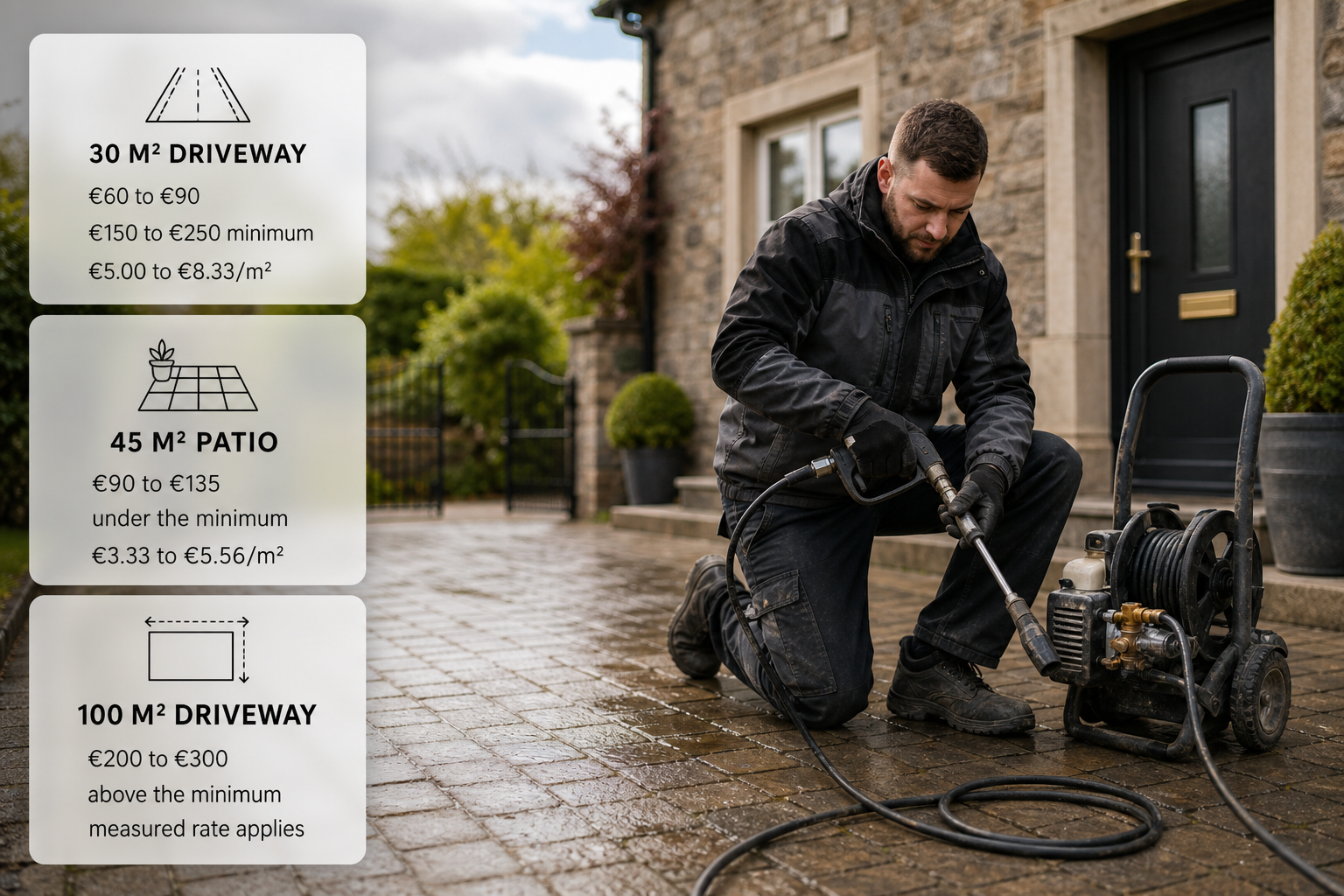 Infographic explaining how minimum visit charges make small pressure washing jobs look expensive per square metre.