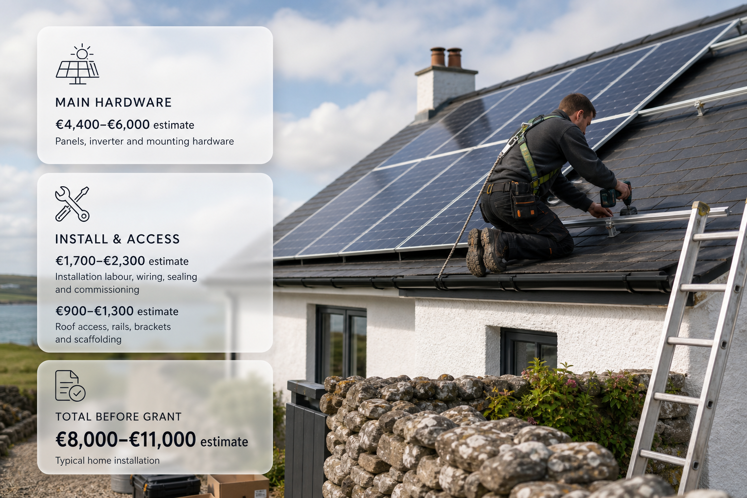 An Irish home solar installation scene with frosted cards explaining the main cost lines for a typical installation.