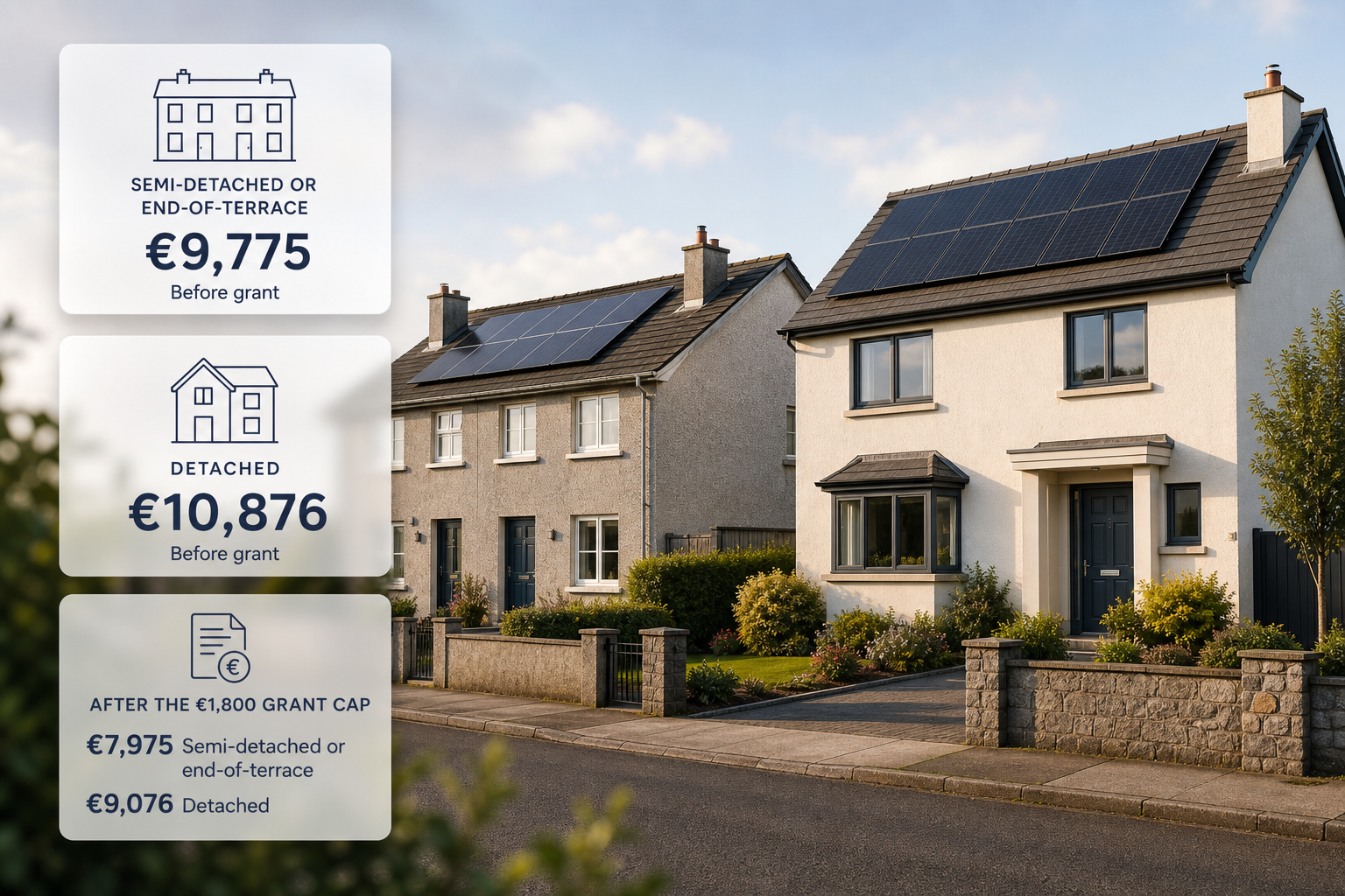 An Irish house with rooftop solar and frosted cards showing before-and-after grant costs for common home types.