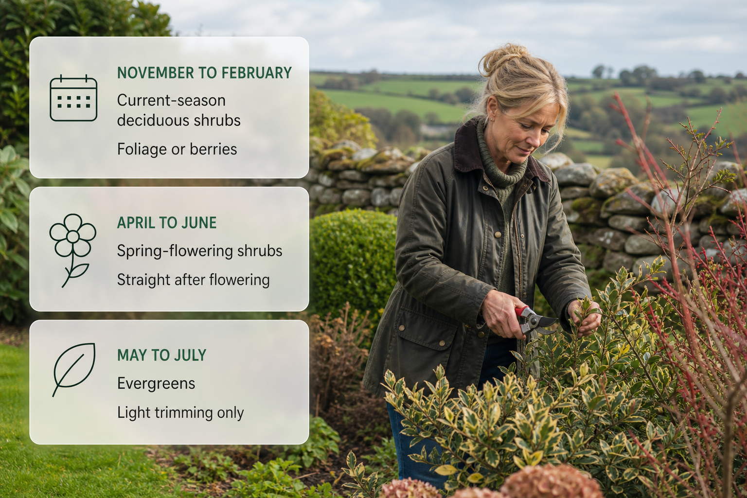 Infographic showing an Irish gardener with pruning tools and a month-by-month guide to when different shrubs should be pruned.