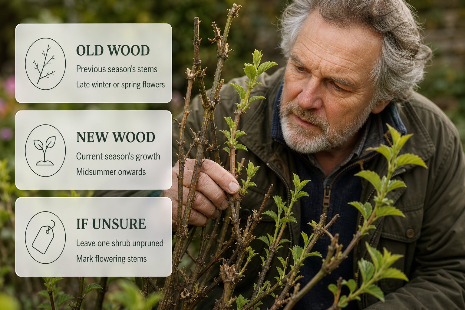 Infographic comparing old wood and new wood on shrubs in an Irish garden and how to identify them.