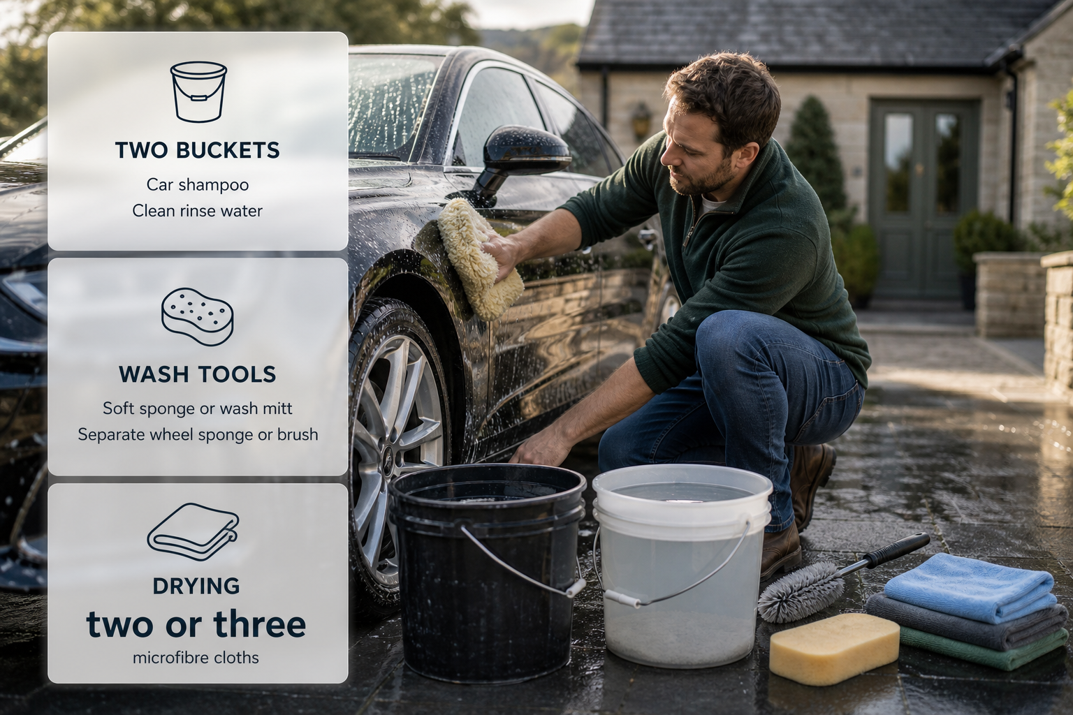 Buckets, sponge and drying cloths beside a car in an Irish driveway explain the basic kit and setup for washing a car without a hose.