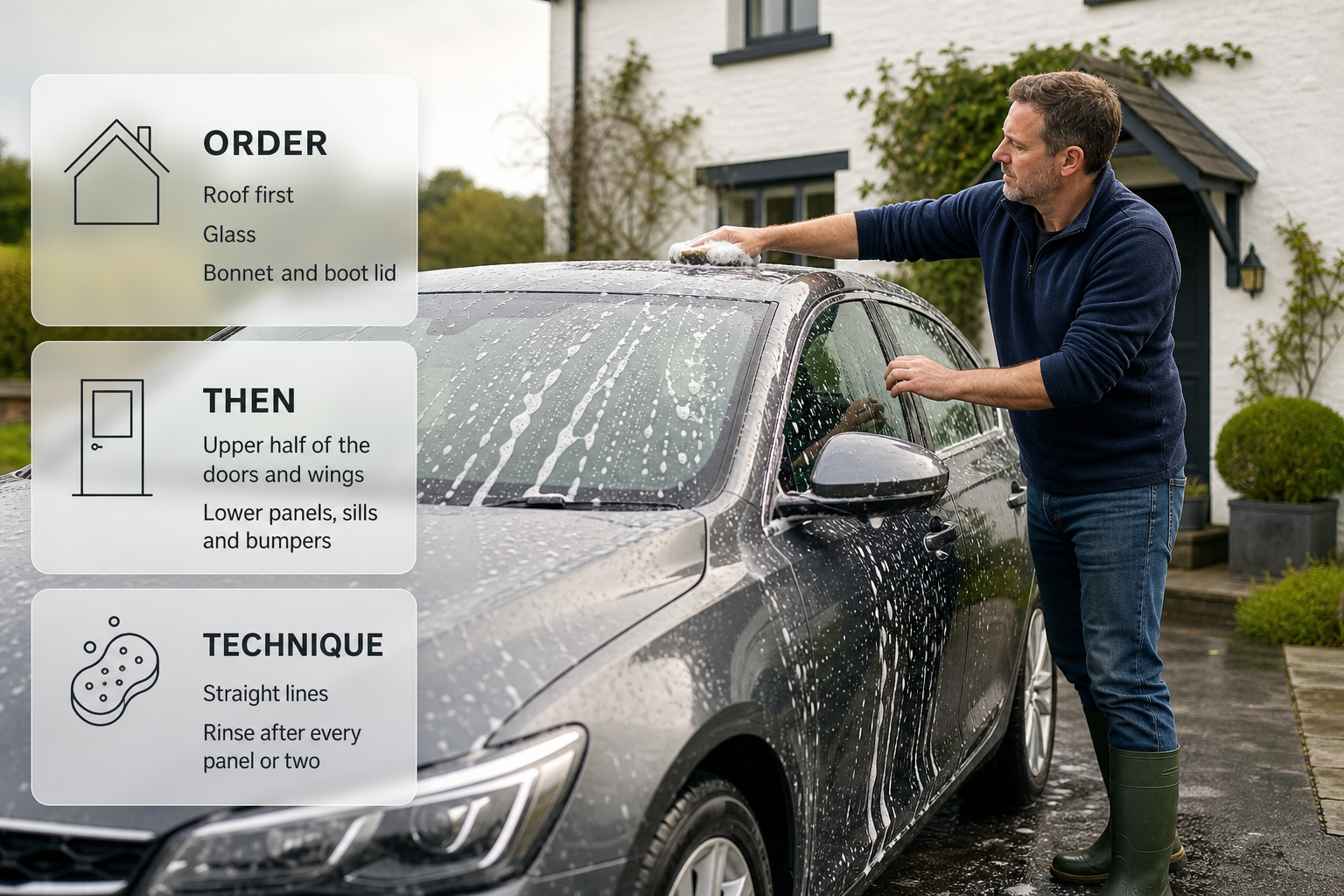 A person washes a car from the roof downward on an Irish driveway, showing the correct order and technique for cleaning panels.