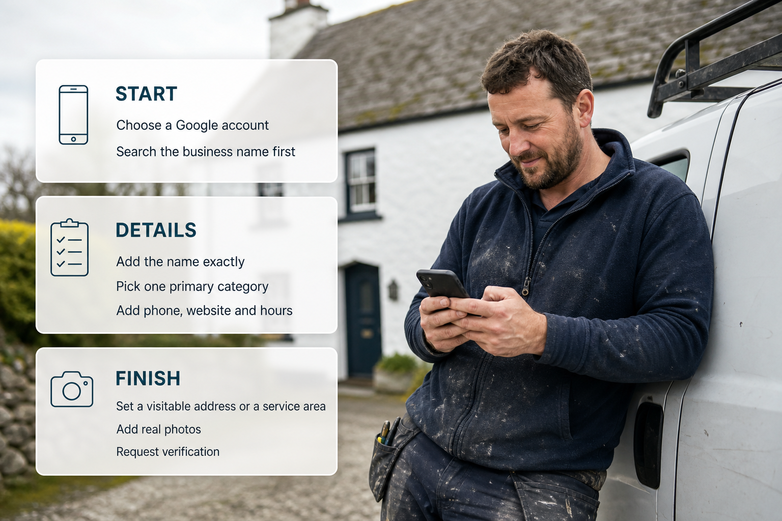 Infographic showing the main setup path for an Irish trades business Google Business Profile with step cards over a phone-and-van photo.