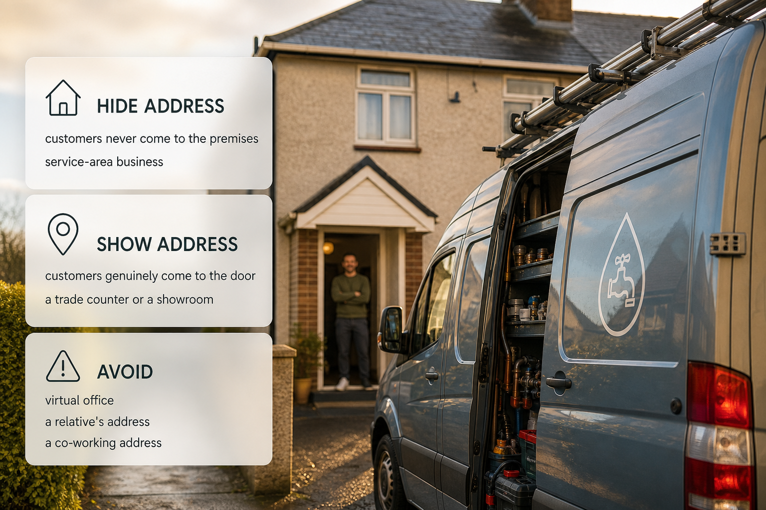 Infographic explaining when an Irish trades business should hide its address and use a service area on Google Business Profile.